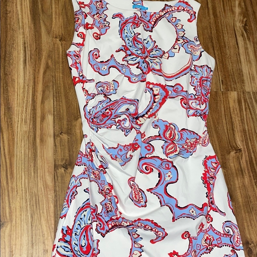 J. McLaughlin women’s XS 2 dress mini white red blue Paisley tank ruching - Picture 3 of 8